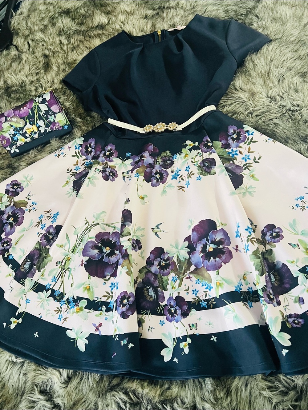 Ted Baker Black and Purple Floral Fit-and-Flare Dress